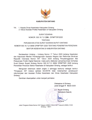 Perubahan Surat Edaran: Penerbitan Perizinan Sektor Kesehatan di Kabupaten Sintang